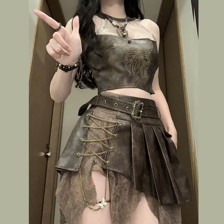 Metal chain pleated butterfly pattern irregular mini skirt set  | Festival Outfits Women