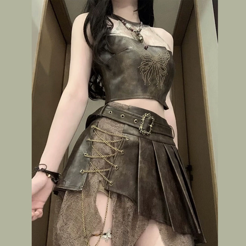 Metal chain pleated butterfly pattern irregular mini skirt set  | Festival Outfits Women
