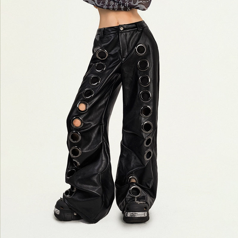 Hollow out PU leather button wide leg pant  | Festival Outfits Women