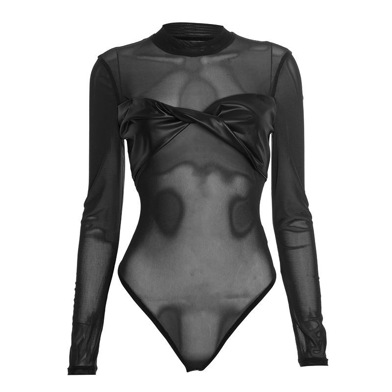Crewneck long sleeve mesh PU leather bodysuit  | Festival Outfits Women-final-sale