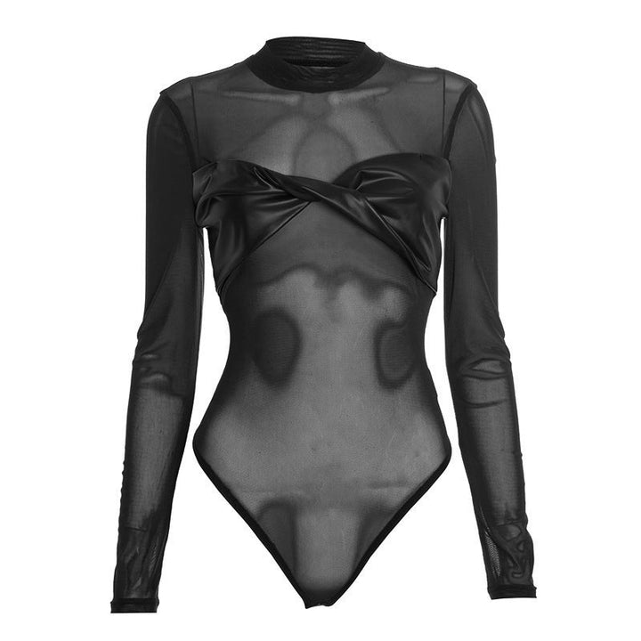 Crewneck long sleeve mesh PU leather bodysuit  | Festival Outfits Women-final-sale