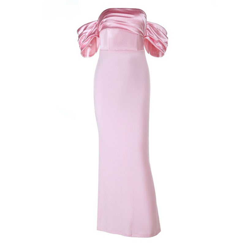 Satin ruched off shoulder zip-up slit maxi dress  | Festival Outfits Women