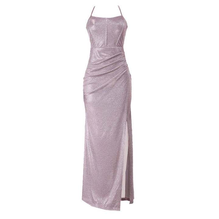 Cross back self tie ruched zip-up slit cami maxi dress  | Festival Outfits Women