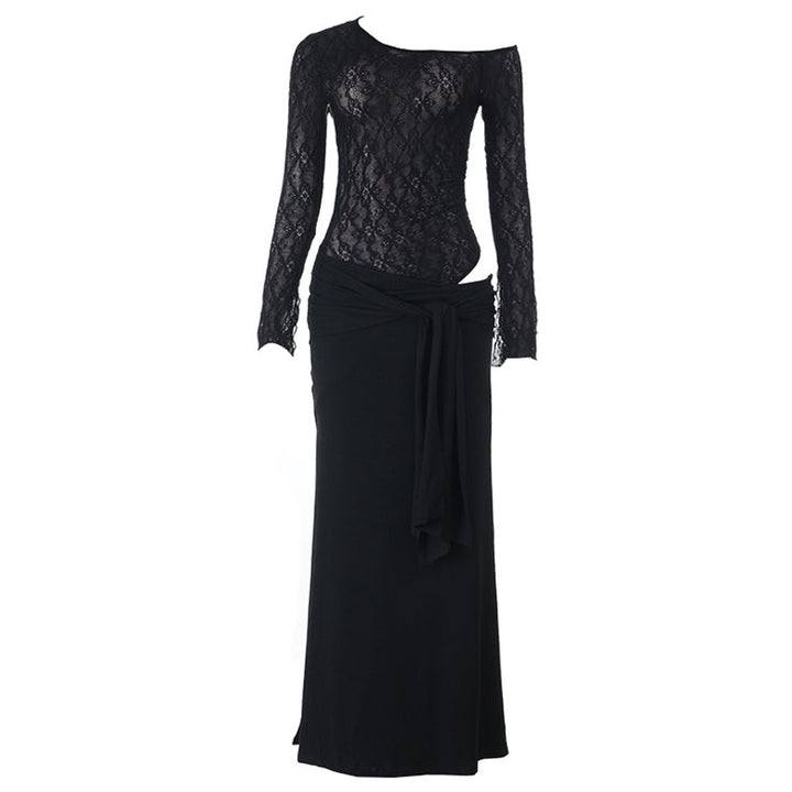 Ruched long sleeve lace hollow out cut out maxi dress  | Festival Outfits Women