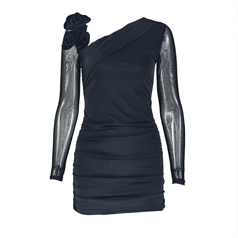 Long sleeve flower applique ruched mini dress  | Festival Outfits Women