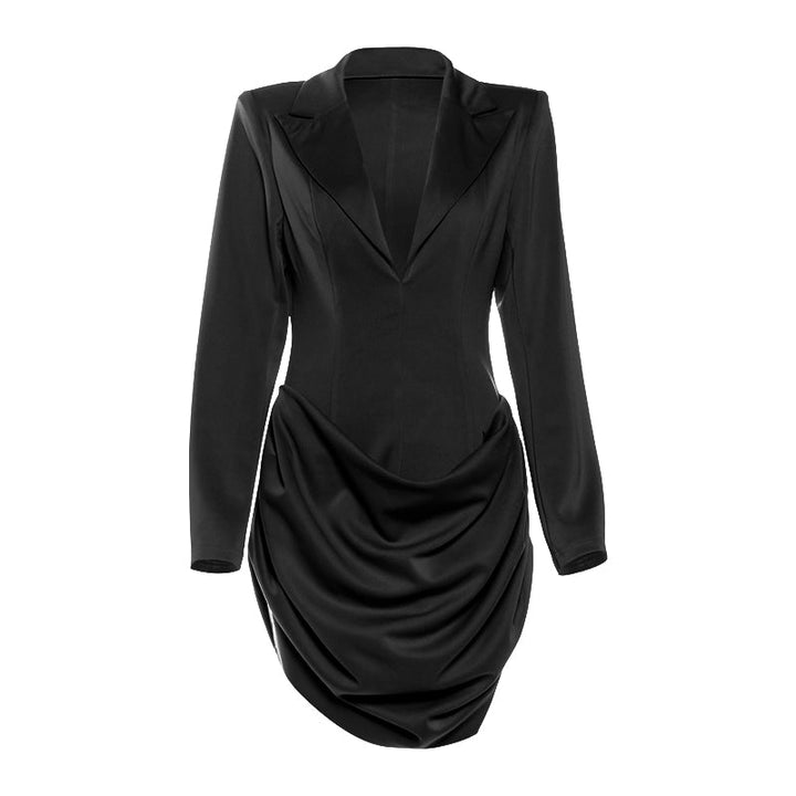 Turnover collar v neck long sleeve ruched mini dress  | Festival Outfits Women