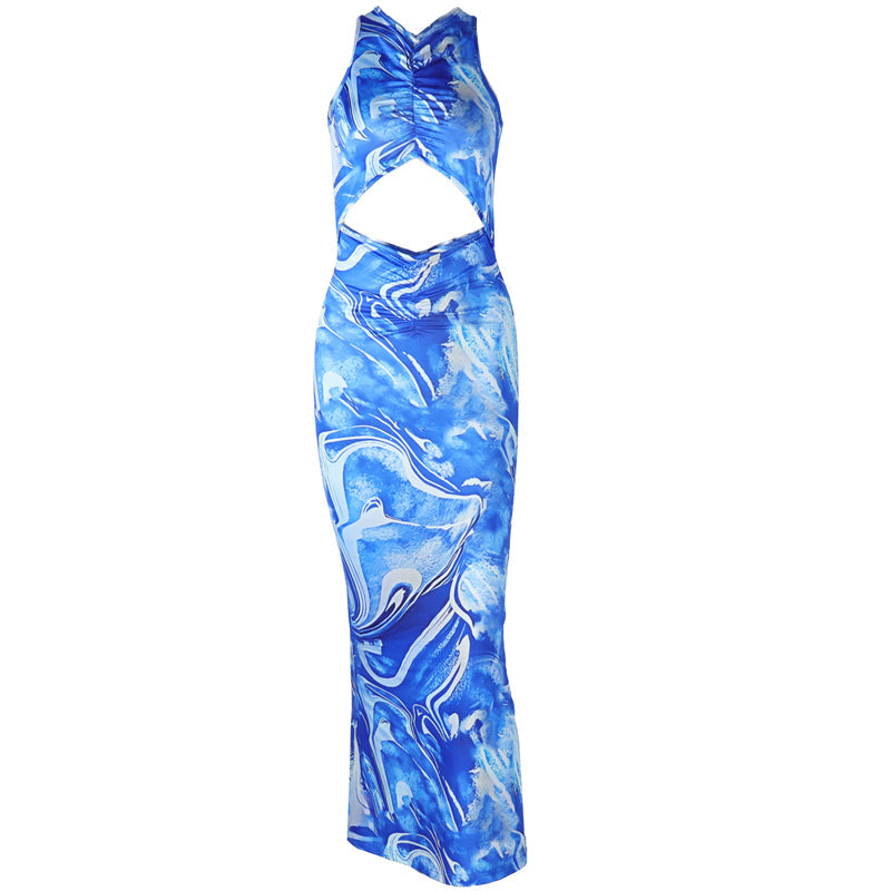 Cross back hollow out ruched print cut out maxi dress  | Festival Outfits Women
