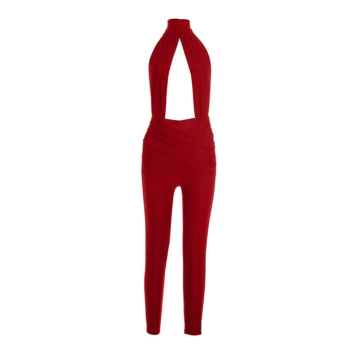 Halter hollow out ruched backless jumpsuit  | Festival Outfits Women