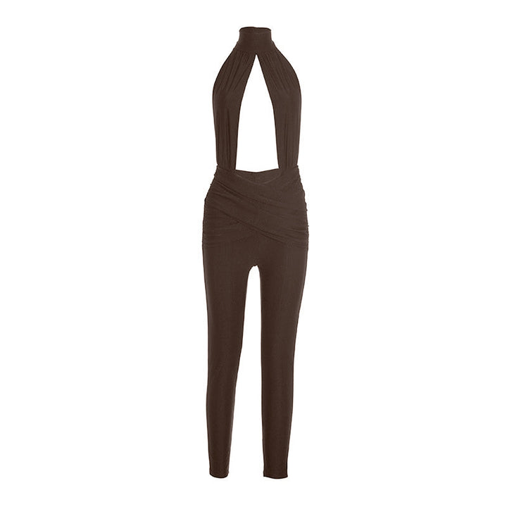 Halter hollow out ruched backless jumpsuit  | Festival Outfits Women