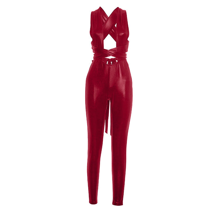 Cross back self tie backless solid jumpsuit  | Festival Outfits Women