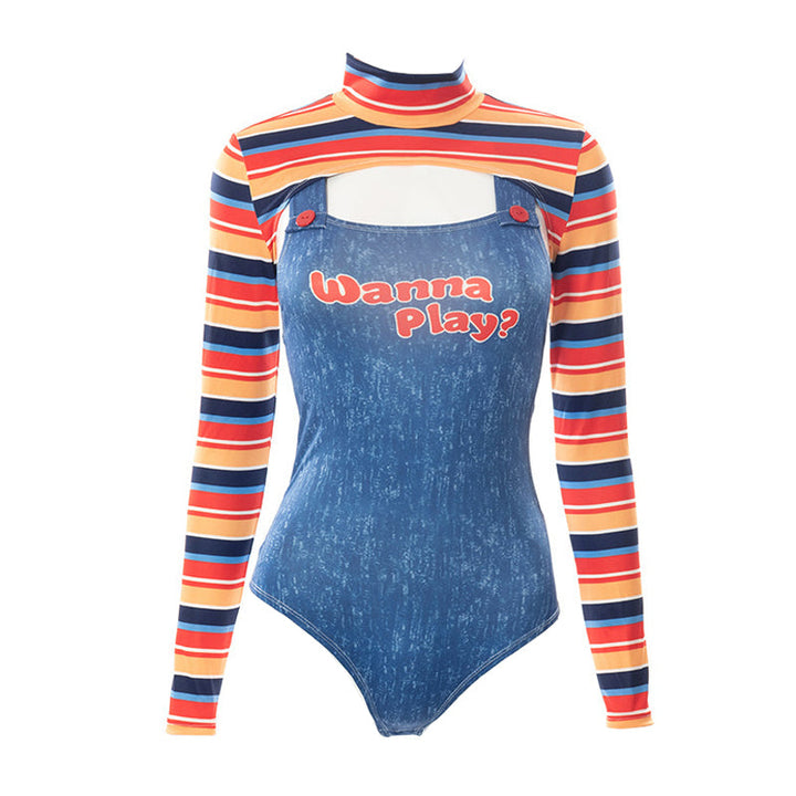 Long sleeve high neck letter pattern 2 piece bodysuit  | Festival Outfits Women-final-sale