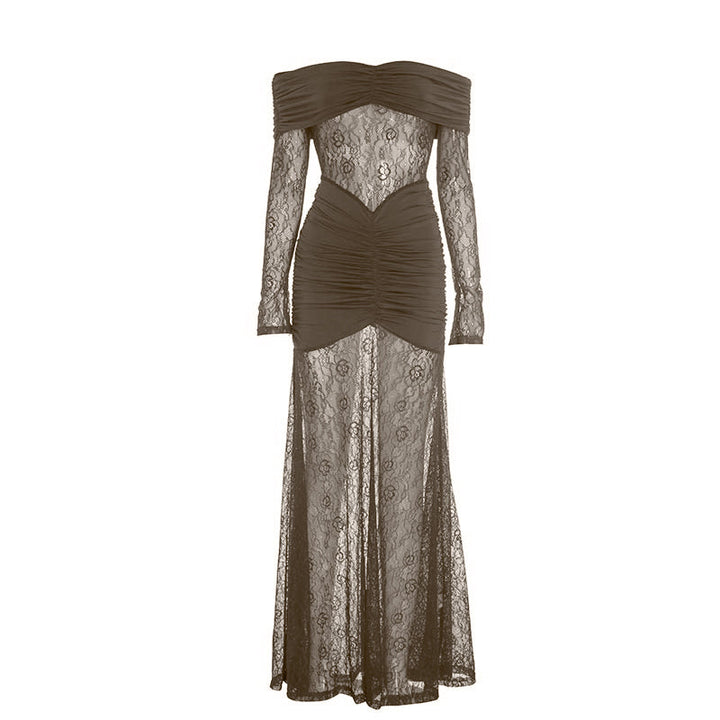 Ruched off shoulder long sleeve lace maxi dress  | Festival Outfits Women-final-sale