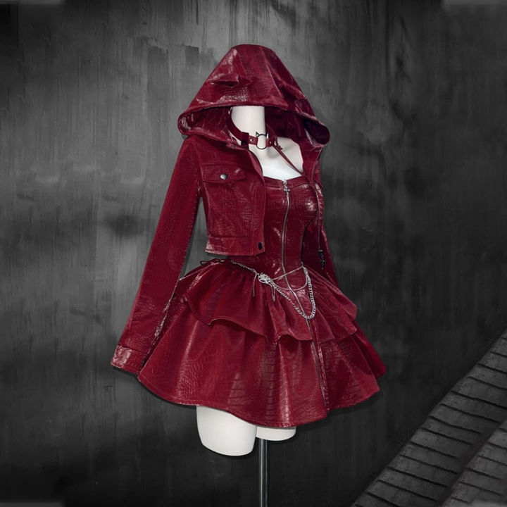 Long sleeve hoodie PU leather halter zip-up 2 piece mini dress  | Festival Outfits Women-final-sale