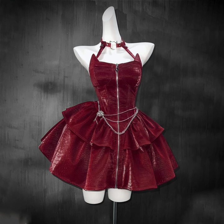 Long sleeve hoodie PU leather halter zip-up 2 piece mini dress  | Festival Outfits Women-final-sale