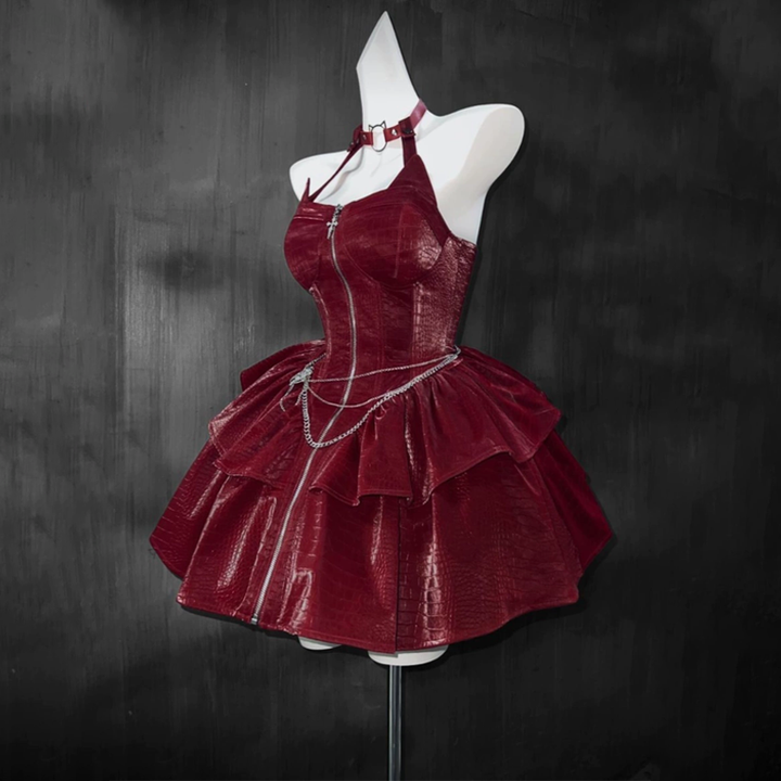 Long sleeve hoodie PU leather halter zip-up 2 piece mini dress  | Festival Outfits Women-final-sale