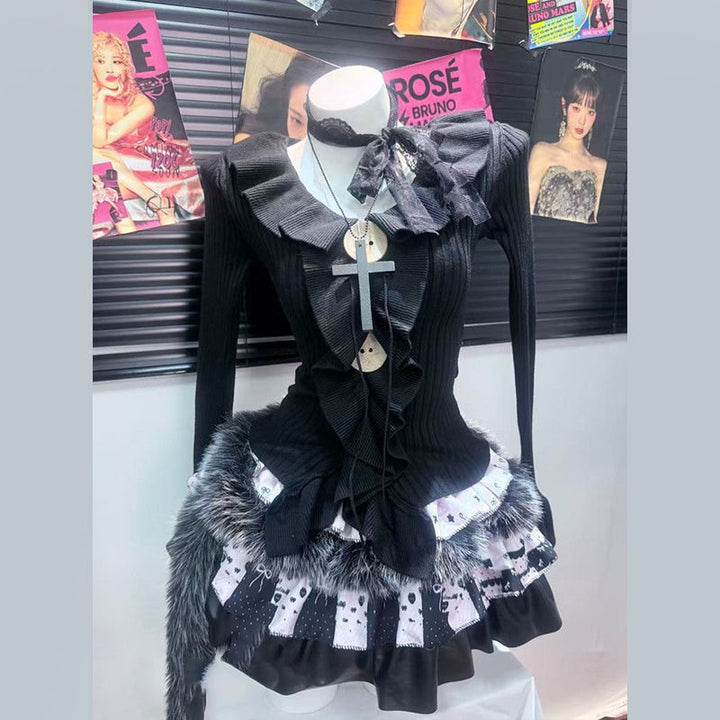 Long sleeve ruffle fluffy mini skirt set  | Festival Outfits Women