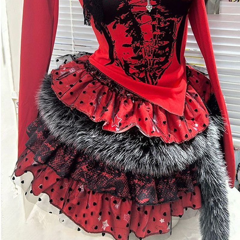 Long sleeve fluffy polka dot lace hem mini skirt set  | Festival Outfits Women