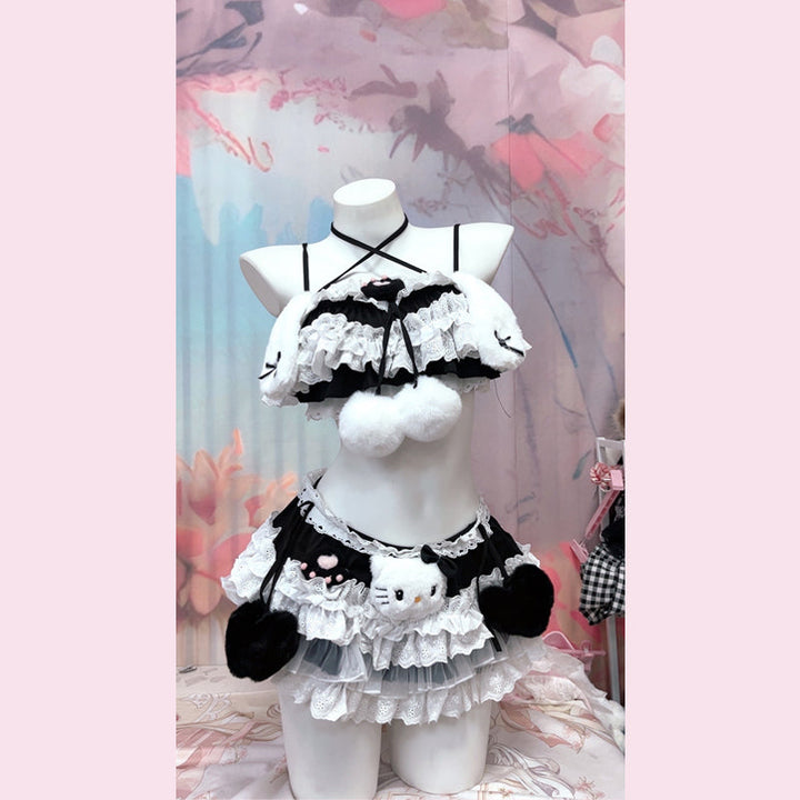 Lace hem " hello kitty " applique cami mini skirt set  | Festival Outfits Women-final-sale