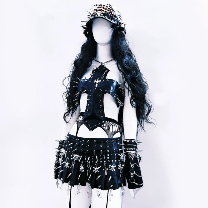 Metal chain rivet applique hollow out cut out top  | Festival Outfits Women