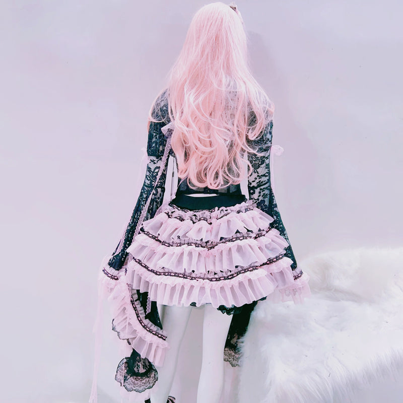 Ruffle bowknot long flared sleeve lace mini skirt set  | Festival Outfits Women