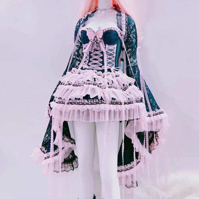 Ruffle bowknot long flared sleeve lace mini skirt set  | Festival Outfits Women