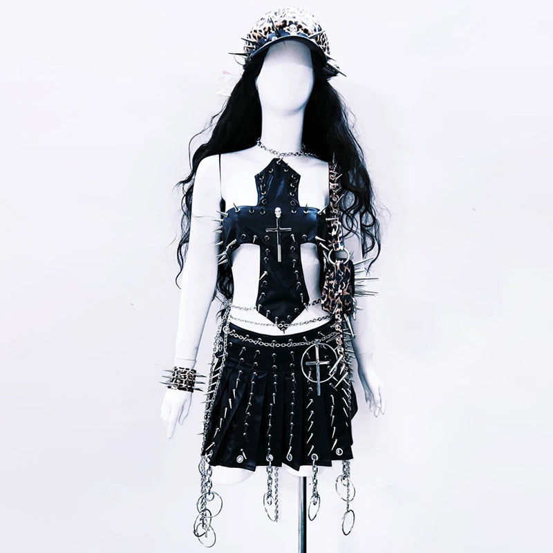 Cross applique metal chain hollow out cut out top  | Festival Outfits Women