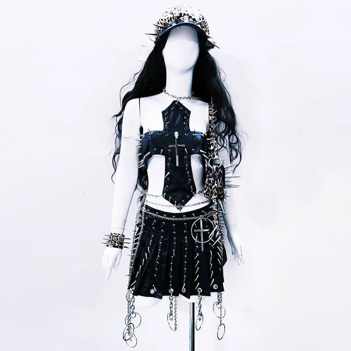 Cross applique metal chain hollow out cut out top  | Festival Outfits Women