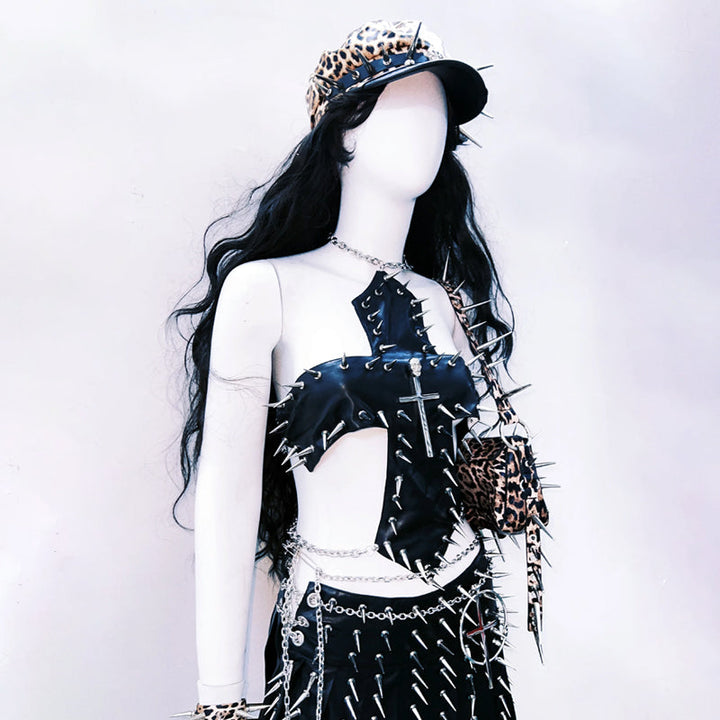 Cross applique metal chain hollow out cut out top  | Festival Outfits Women