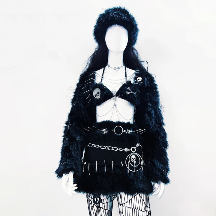 Long sleeve fluffy v neck metal chain top  | Festival Outfits Women
