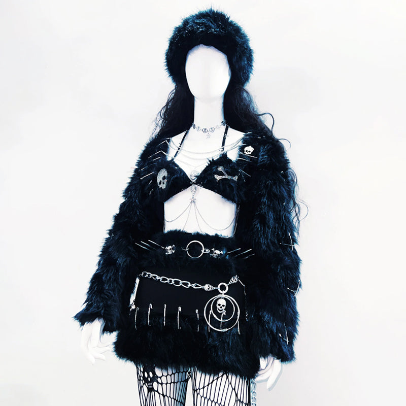 Long sleeve fluffy v neck metal chain top  | Festival Outfits Women