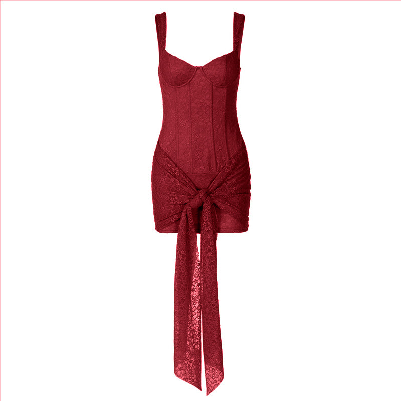 fitted lace wedding dress Theriz Lace Trim Cami Mini Dress Red