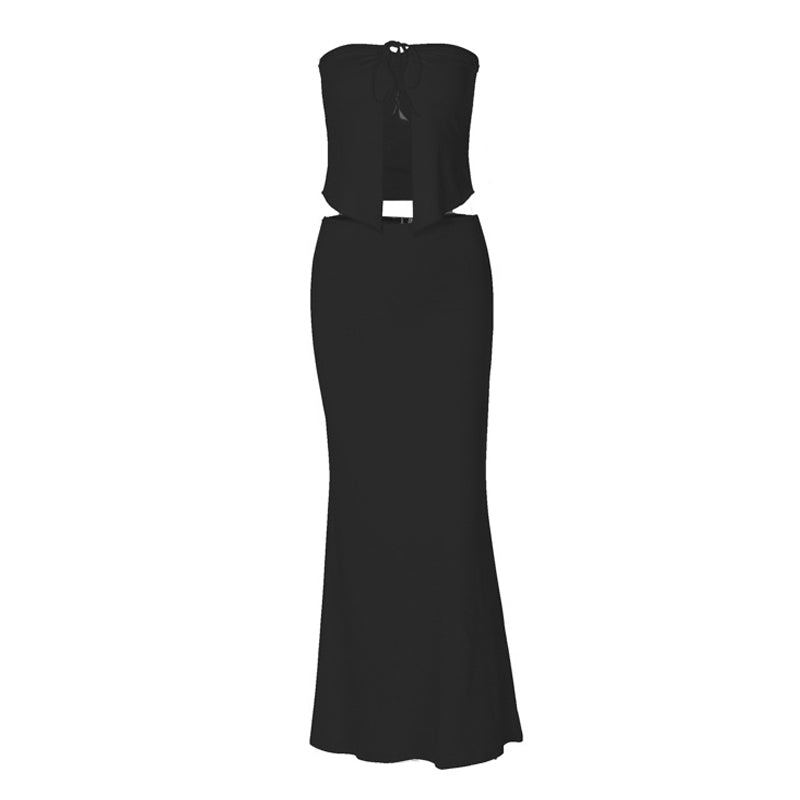 Self tie backless solid tube maxi skirt set  | Festival Outfits Women-final-sale