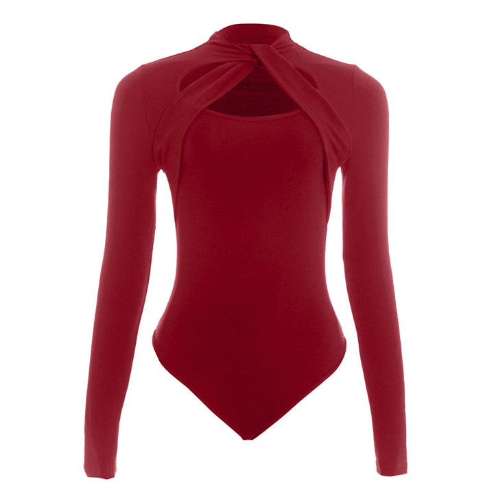 Long sleeve hollow out crewneck button bodysuit  | Festival Outfits Women