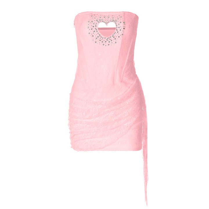 Hollow out beaded lace irregular tube cut out mini dress  | Festival Outfits Women