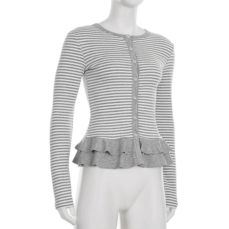Crewneck button long sleeve ruffle striped top  | Festival Outfits Women