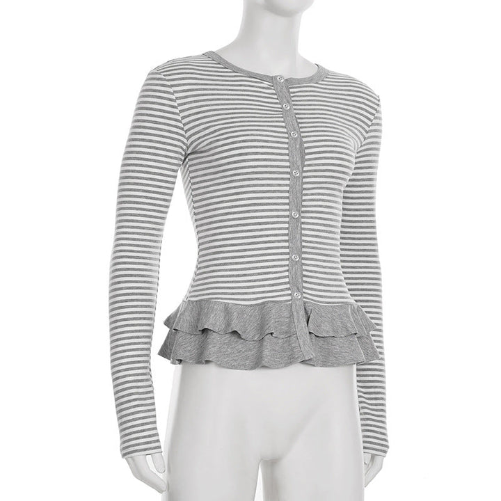 Crewneck button long sleeve ruffle striped top  | Festival Outfits Women