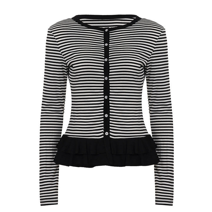 Crewneck button long sleeve ruffle striped top  | Festival Outfits Women