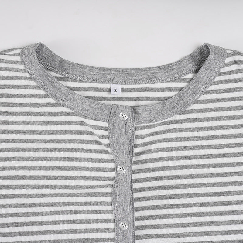 Crewneck button long sleeve ruffle striped top  | Festival Outfits Women