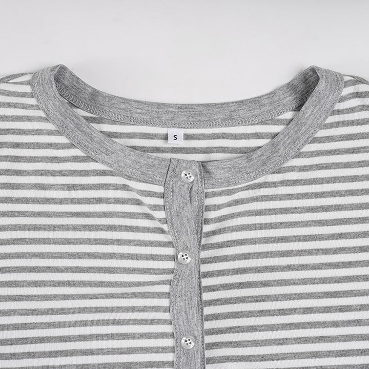 Crewneck button long sleeve ruffle striped top  | Festival Outfits Women