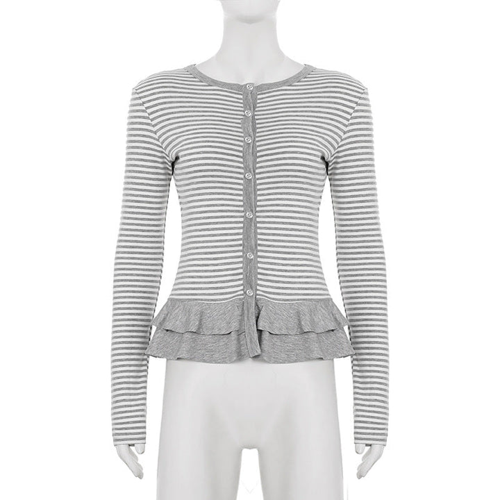 Crewneck button long sleeve ruffle striped top  | Festival Outfits Women