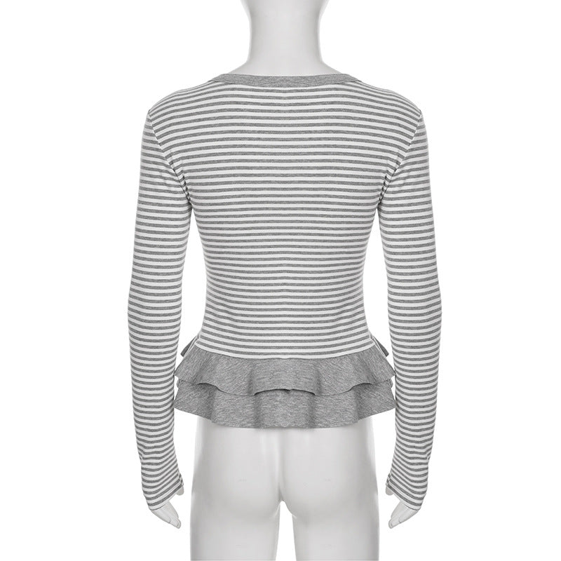 Crewneck button long sleeve ruffle striped top  | Festival Outfits Women