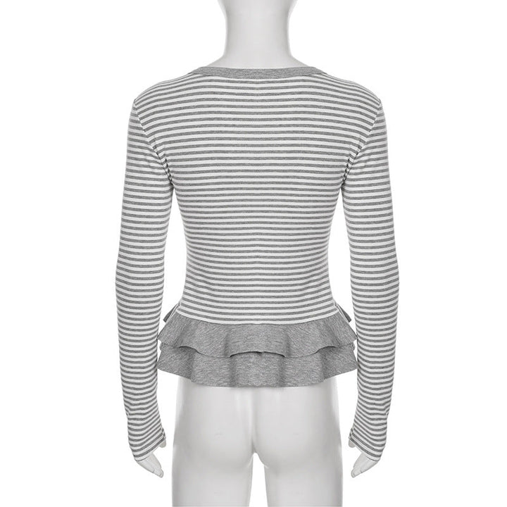 Crewneck button long sleeve ruffle striped top  | Festival Outfits Women