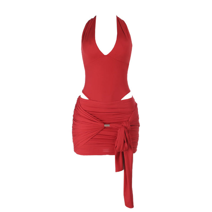 Self tie halter v neck ruched backless mini skirt set  | Festival Outfits Women