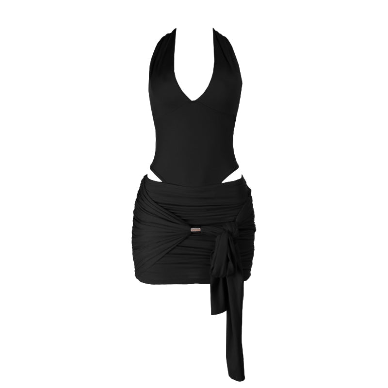 Self tie halter v neck ruched backless mini skirt set  | Festival Outfits Women