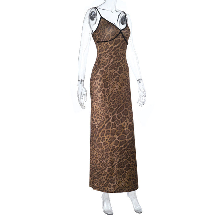 Leopard print v neck backless cami maxi dress  | Festival Outfits Women