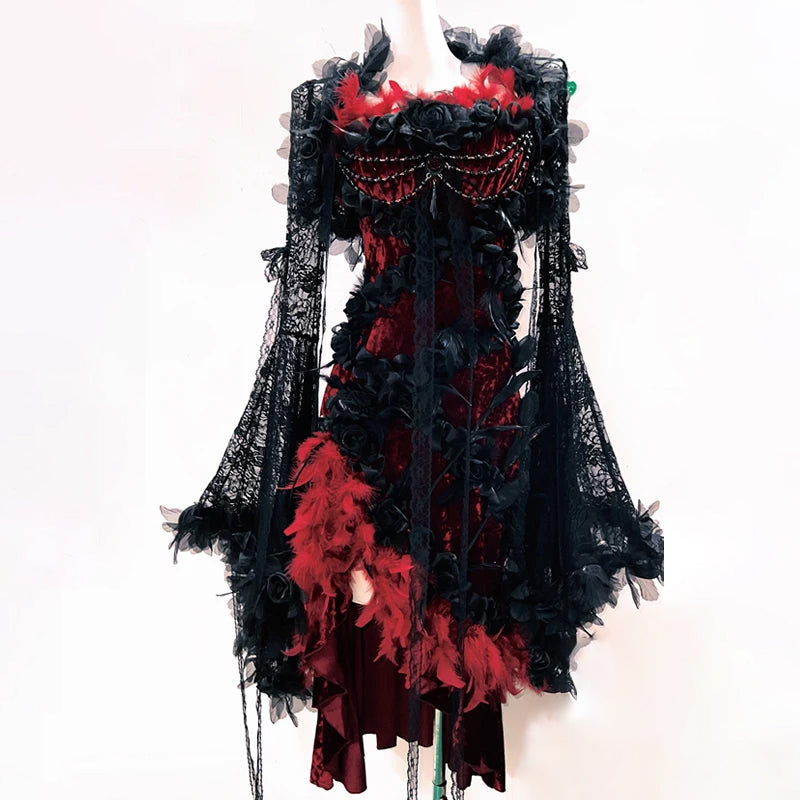 Long flared sleeve lace flower applique irregular mini dress  | Festival Outfits Women