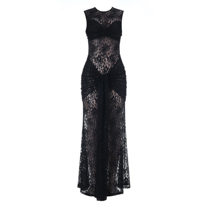 Crewneck sleeveless ruched lace maxi dress  | Festival Outfits Women-final-sale