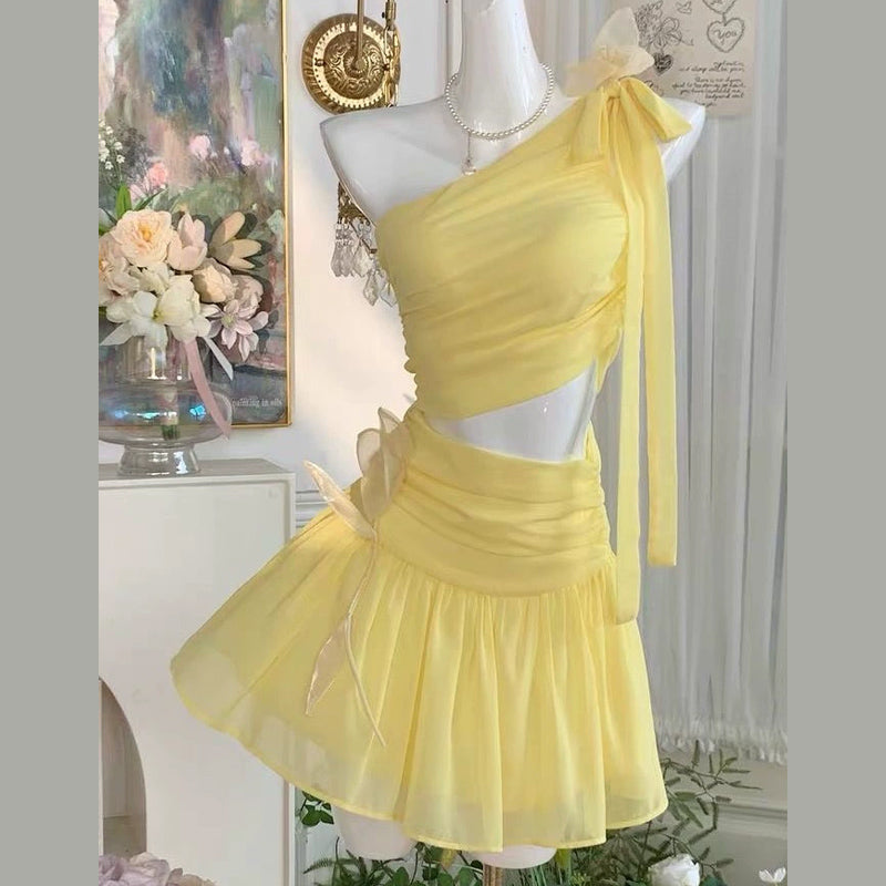 One shoulder chiffon self tie irregular mini dress  | Festival Outfits Women