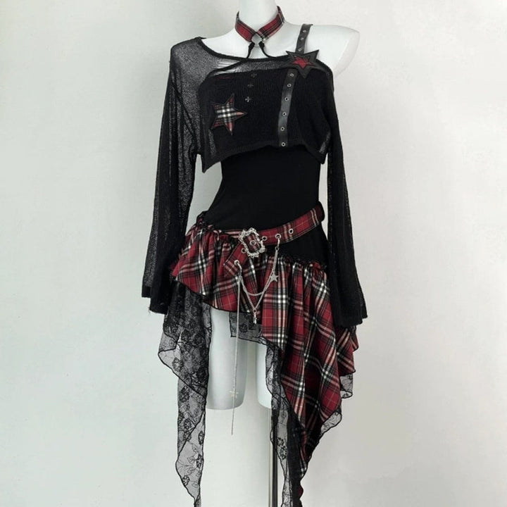 Long sleeve irregular plaid ruffle 2 piece mini dress  | Festival Outfits Women