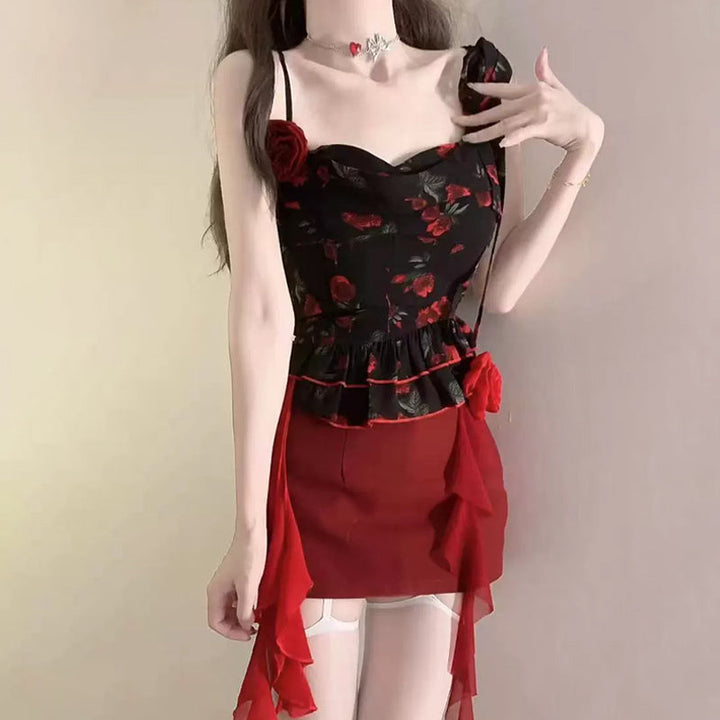 Cowl neck flower applique print ruched cami mini skirt set  | Festival Outfits Women